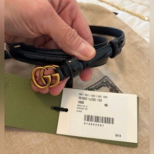Gucci Black Patent Leather Thin GG Belt with Gold Buckle